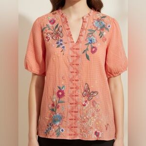 Johnny Was Workshop Olinda Puff Sleeve Effortless Blouse XS Floral Boho Top